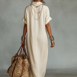 Embroidered Boho Linen Shirt Maxi Dress