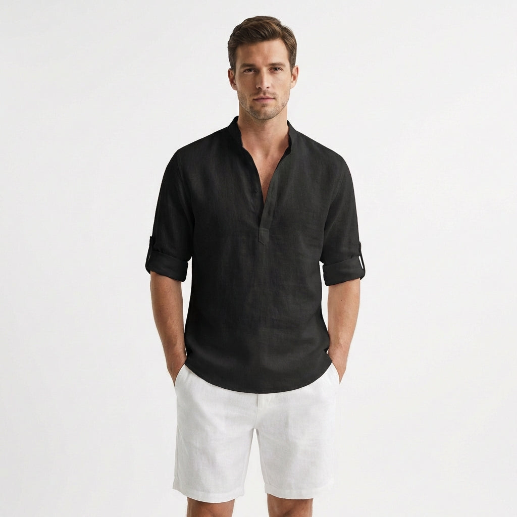 Hugo | Henley Shirt with Mao Collar and Rolled Sleeves for Men