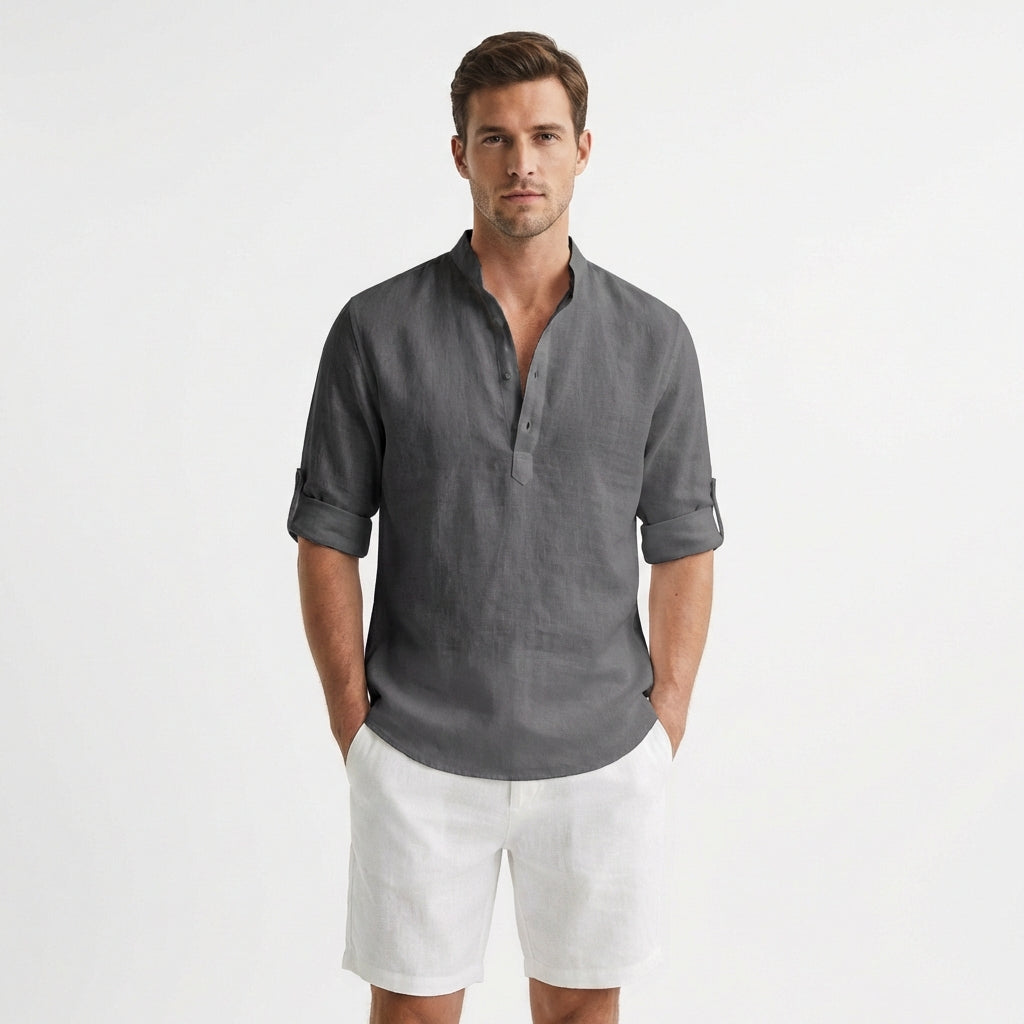 Hugo | Henley Shirt with Mao Collar and Rolled Sleeves for Men