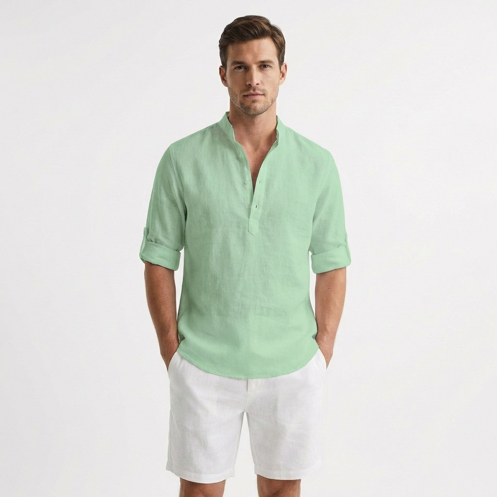 Hugo | Henley Shirt with Mao Collar and Rolled Sleeves for Men