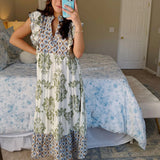 Artistic Floral Print Ruffle Sleeve Maxi Dress