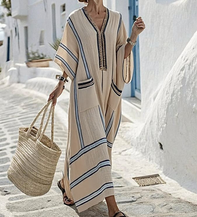 Striped Embroidered V-Neck Dress