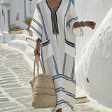 Striped Embroidered V-Neck Dress
