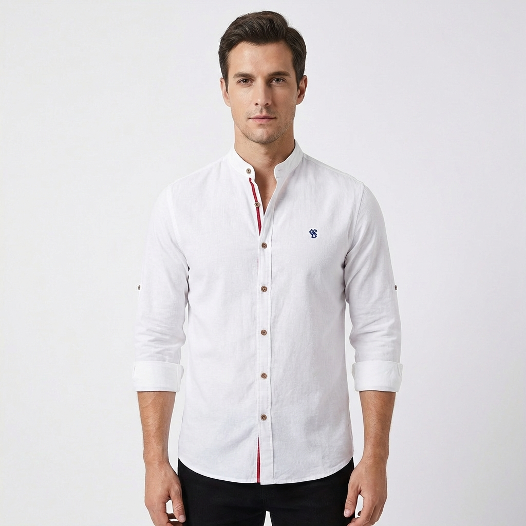 Lucas | Men's Shirt with Mao Collar and Contrast Buttons | Elegant