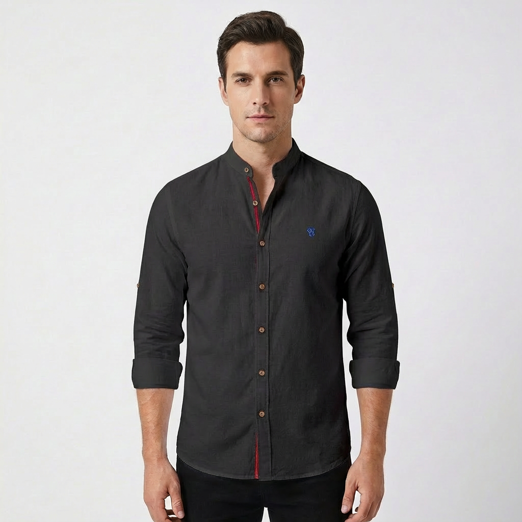 Lucas | Men's Shirt with Mao Collar and Contrast Buttons | Elegant