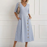 Button-Detail Striped Elegant V-Neck Midi Dress