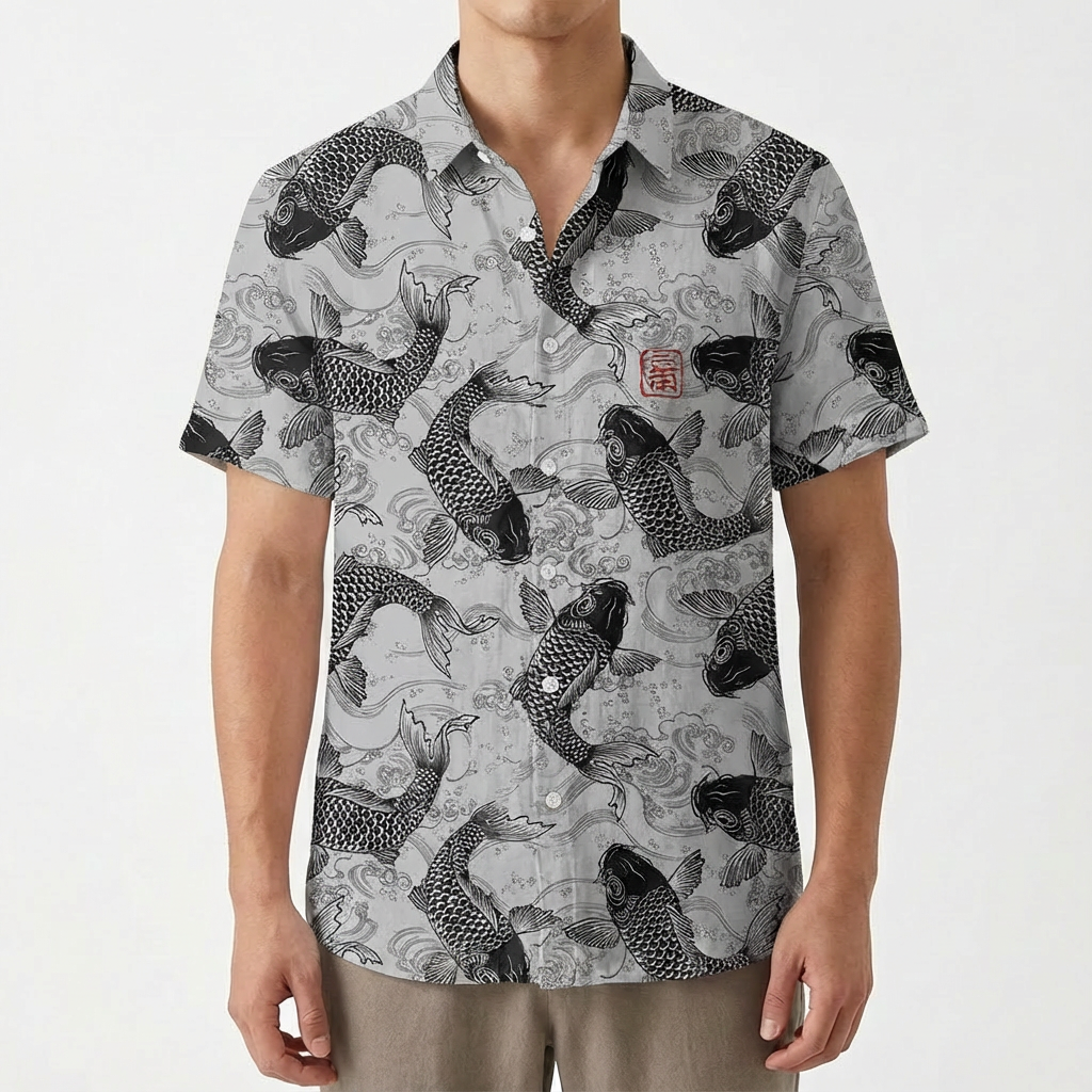 Mateo | Men's Shirt with Koi Print and Mao Collar | Casual
