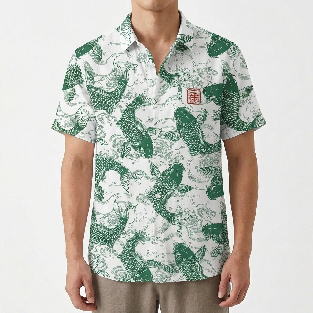 Mateo | Men's Shirt with Koi Print and Mao Collar | Casual