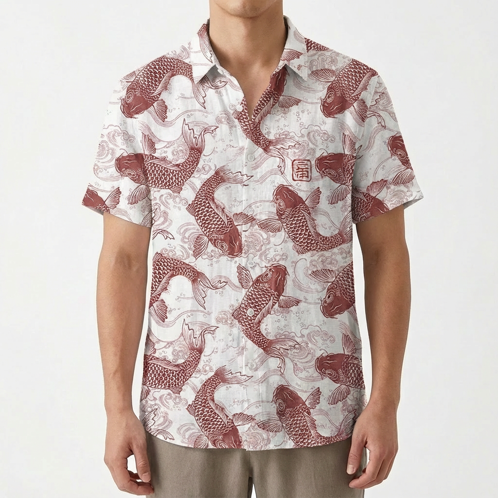 Mateo | Men's Shirt with Koi Print and Mao Collar | Casual