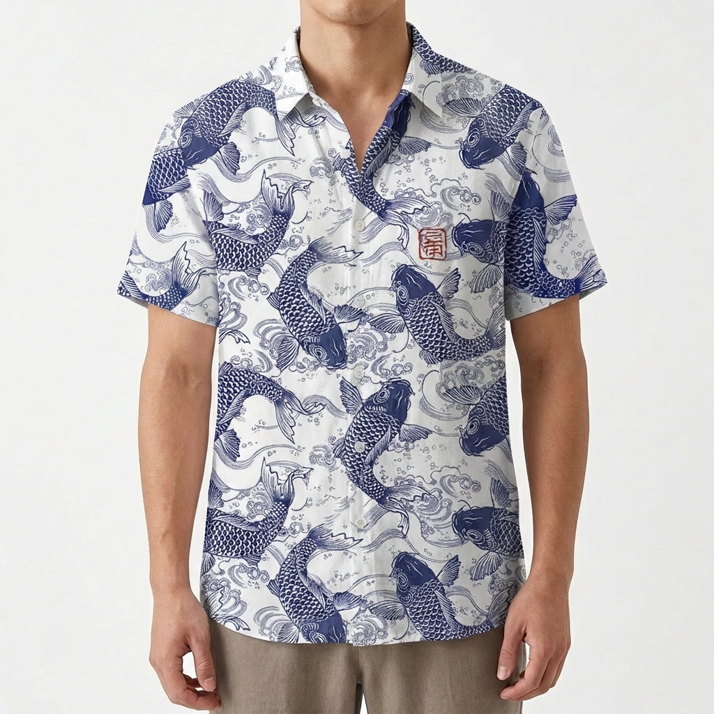 Mateo | Men's Shirt with Koi Print and Mao Collar | Casual
