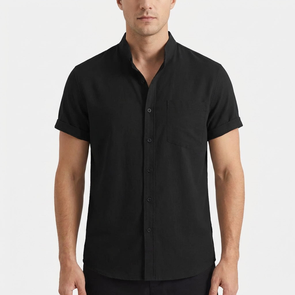 Mateo | Short Sleeve Shirt for Men with Mao Collar and Front Pocket | Casual