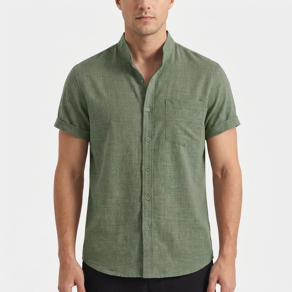 Mateo | Short Sleeve Shirt for Men with Mao Collar and Front Pocket | Casual