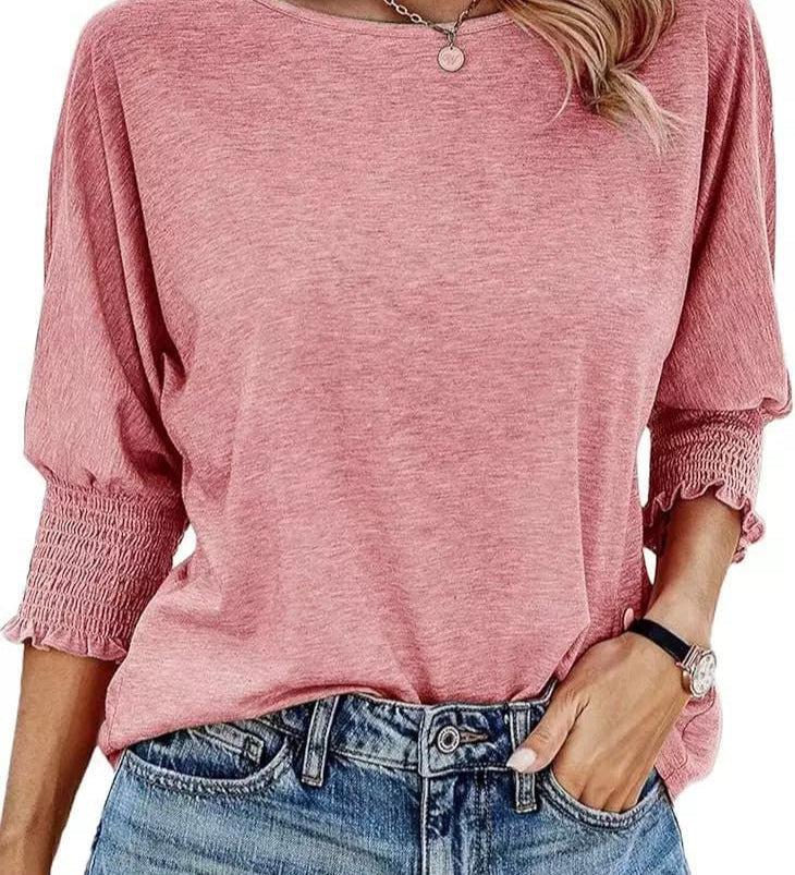 Smocked-Cuff Casual Dolman Sleeve Blouse
