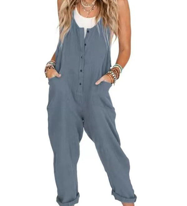Button-Front Boho Linen Sleeveless Jumpsuit