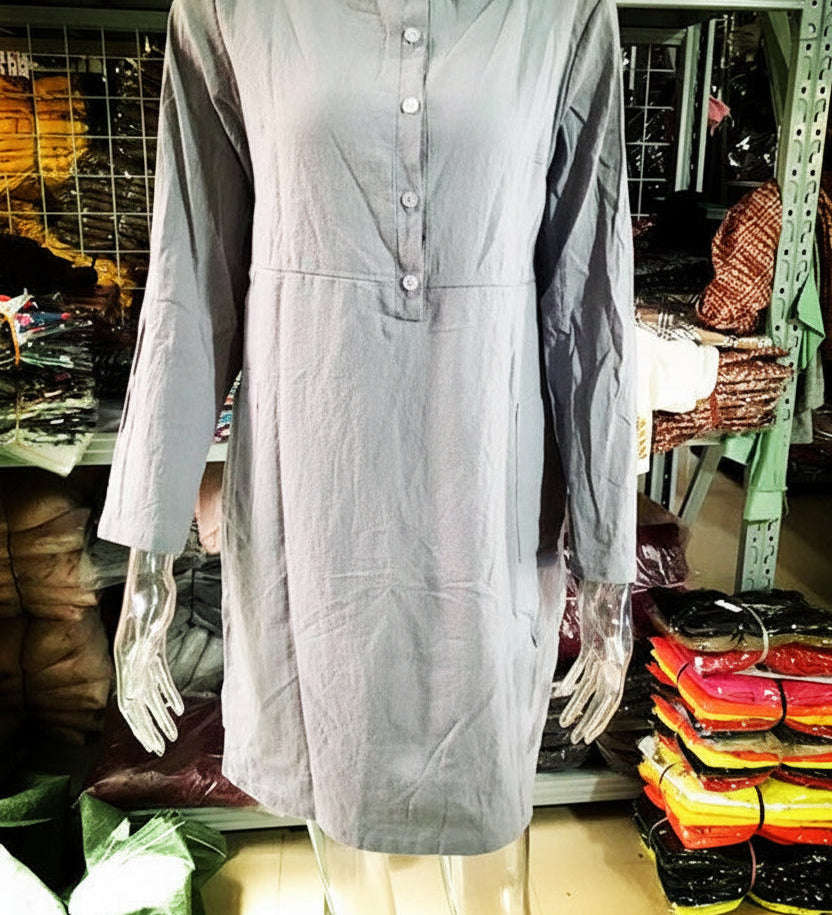 Pocket-Front Casual Linen Henley Midi Dress