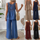 Elegant Crochet Back Wide Leg Set