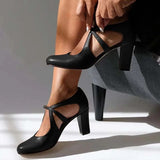 Cross-Strap Elegant Block-Heel Leather Pumps