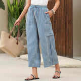 Button-Detail Striped Summer Casual Straight Pants
