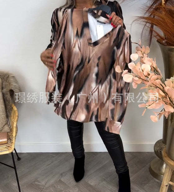 Elegant Abstract Print V-Neck Long Sleeve Blouse