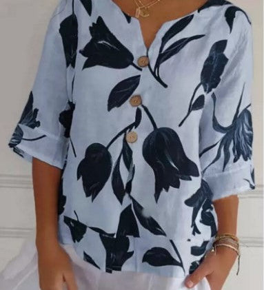 Floral Print Boho Linen Button Blouse