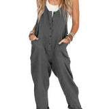 Button-Front Boho Linen Sleeveless Jumpsuit
