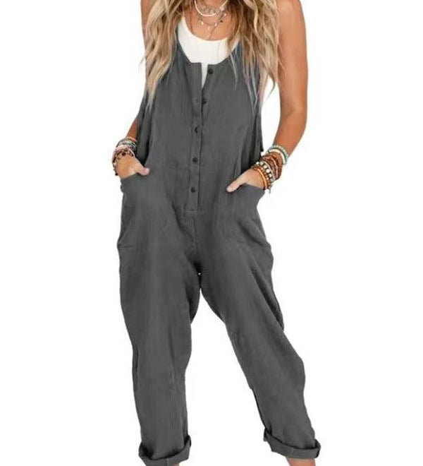 Button-Front Boho Linen Sleeveless Jumpsuit