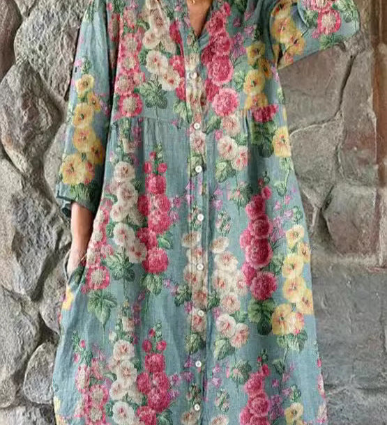 Elegant Floral Loose Button Dress