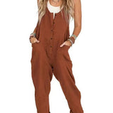 Button-Front Boho Linen Sleeveless Jumpsuit