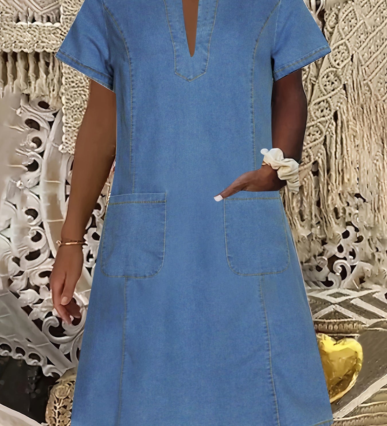 V-Neck Casual Pocket Denim Mini Dress
