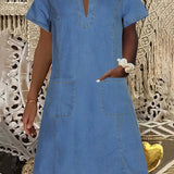 V-Neck Casual Pocket Denim Mini Dress