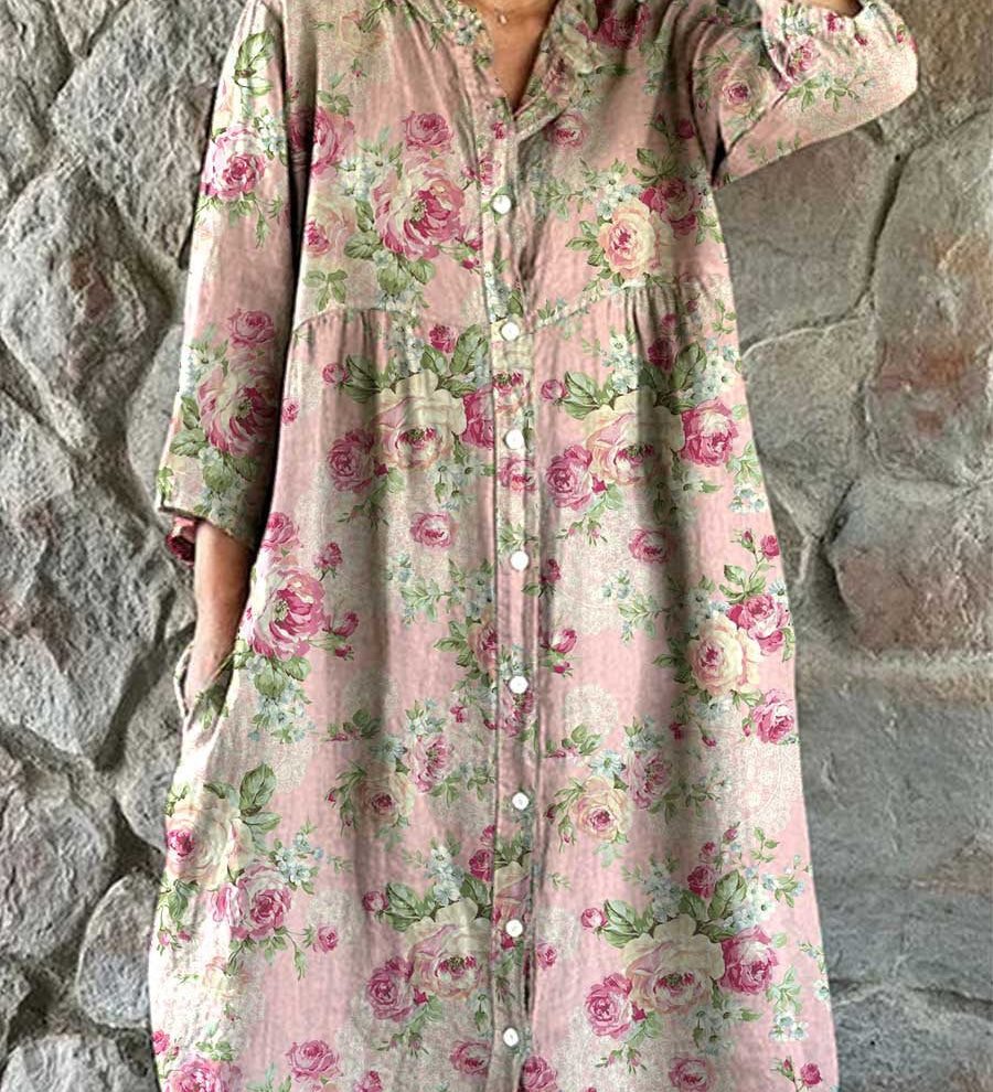 Elegant Floral Loose Button Dress