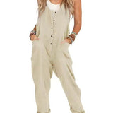 Button-Front Boho Linen Sleeveless Jumpsuit