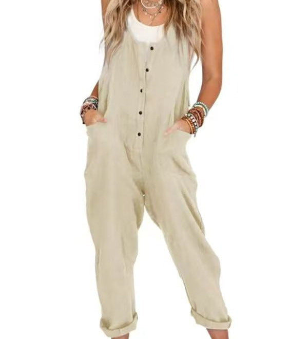 Button-Front Boho Linen Sleeveless Jumpsuit