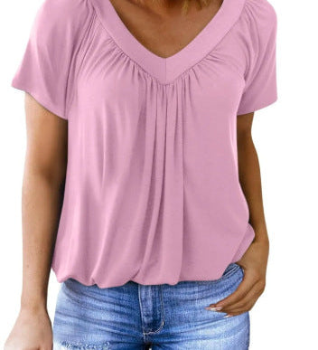 Ruched V-Neck Casual Loose-Fit Blouse