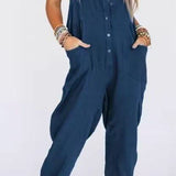 Button-Front Boho Linen Sleeveless Jumpsuit