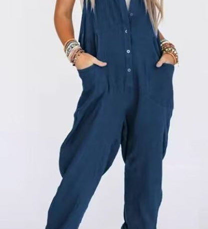Button-Front Boho Linen Sleeveless Jumpsuit