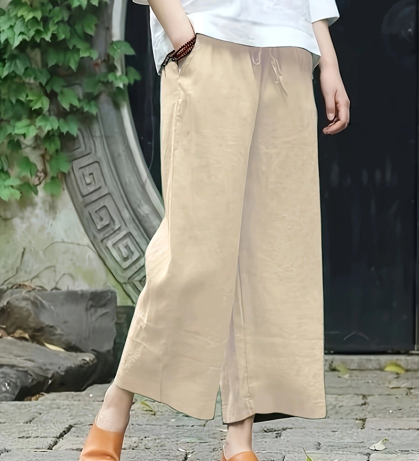 Casual Solid Wide-Leg Pants