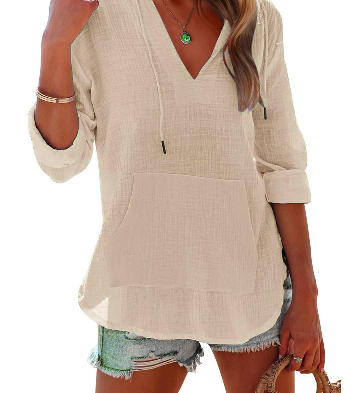 Casual V-Neck Hooded T-Shirt