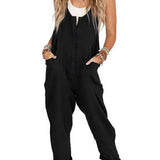 Button-Front Boho Linen Sleeveless Jumpsuit
