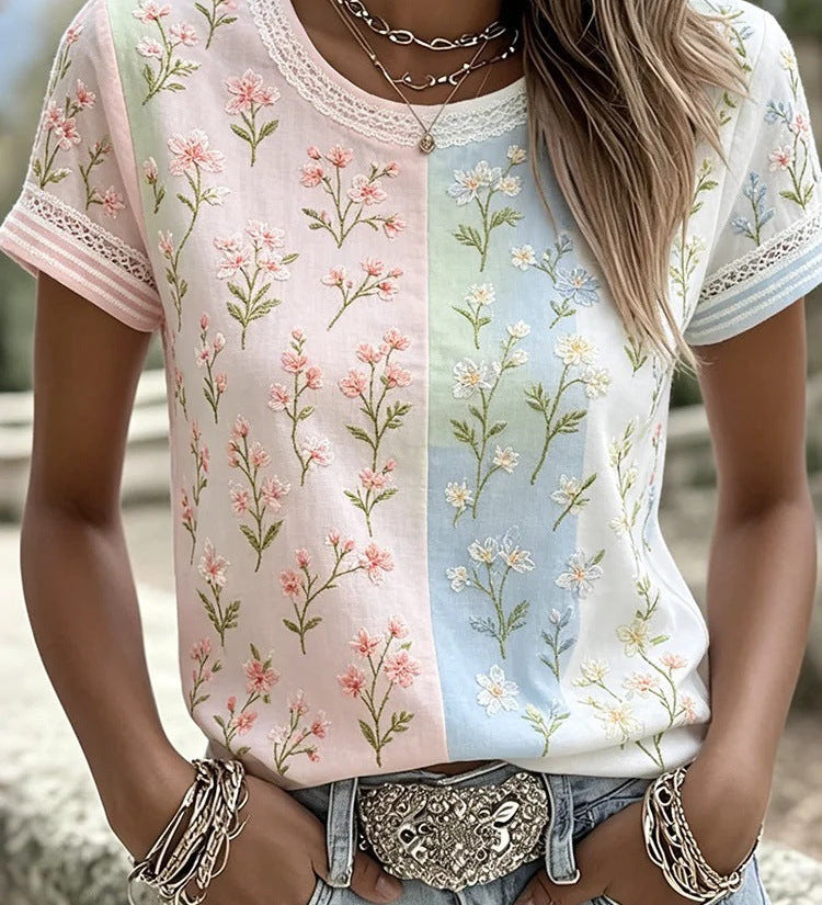 Rose Embroidered Boho Lace-Trim Blouse