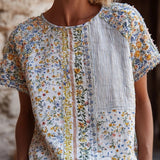 Rose Embroidered Boho Lace-Trim Blouse