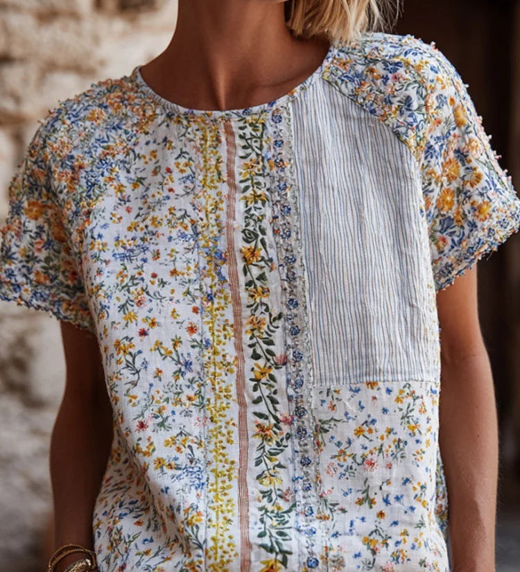 Rose Embroidered Boho Lace-Trim Blouse
