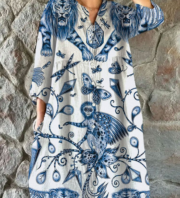 Elegant Floral Loose Button Dress