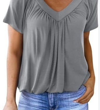 Ruched V-Neck Casual Loose-Fit Blouse