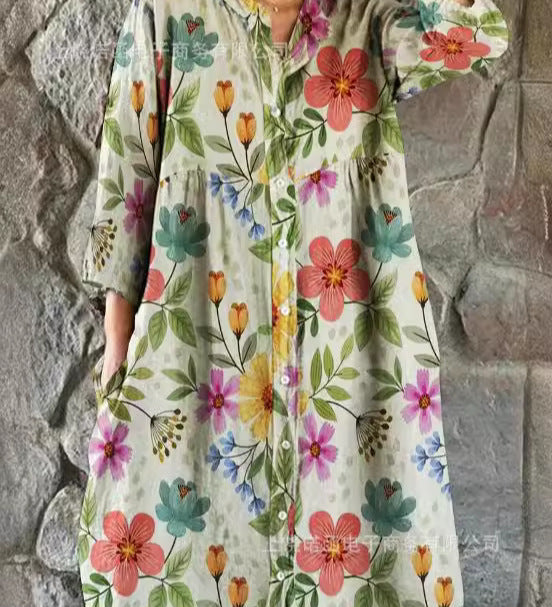 Elegant Floral Loose Button Dress