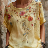Rose Embroidered Boho Lace-Trim Blouse