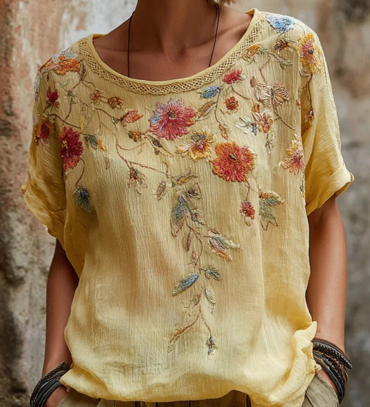 Rose Embroidered Boho Lace-Trim Blouse