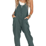 Button-Front Boho Linen Sleeveless Jumpsuit