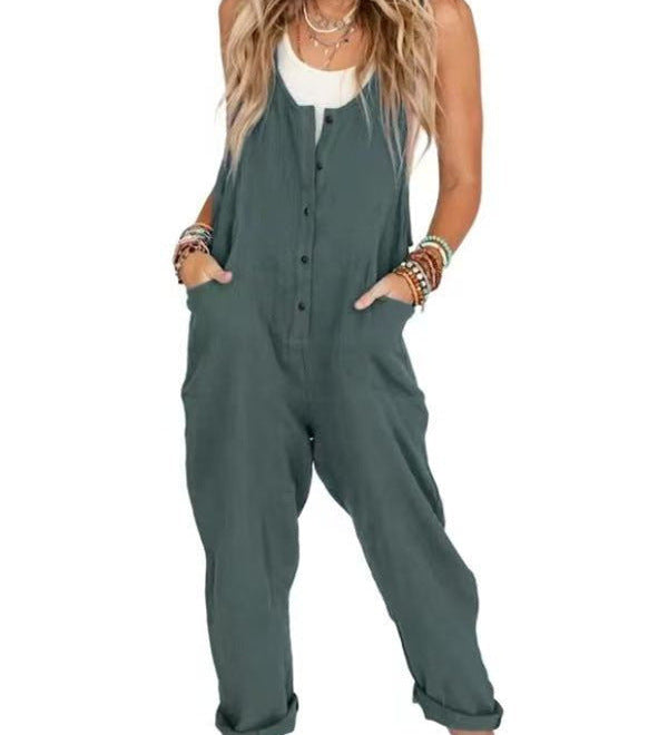 Button-Front Boho Linen Sleeveless Jumpsuit
