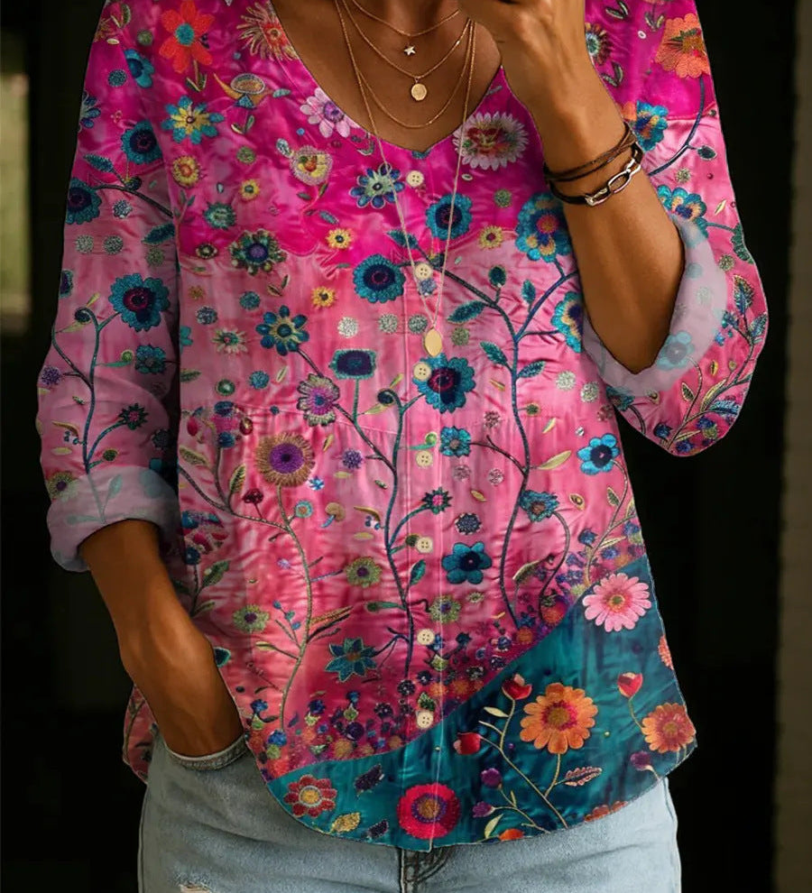 Wildflower Print Boho Button Blouse